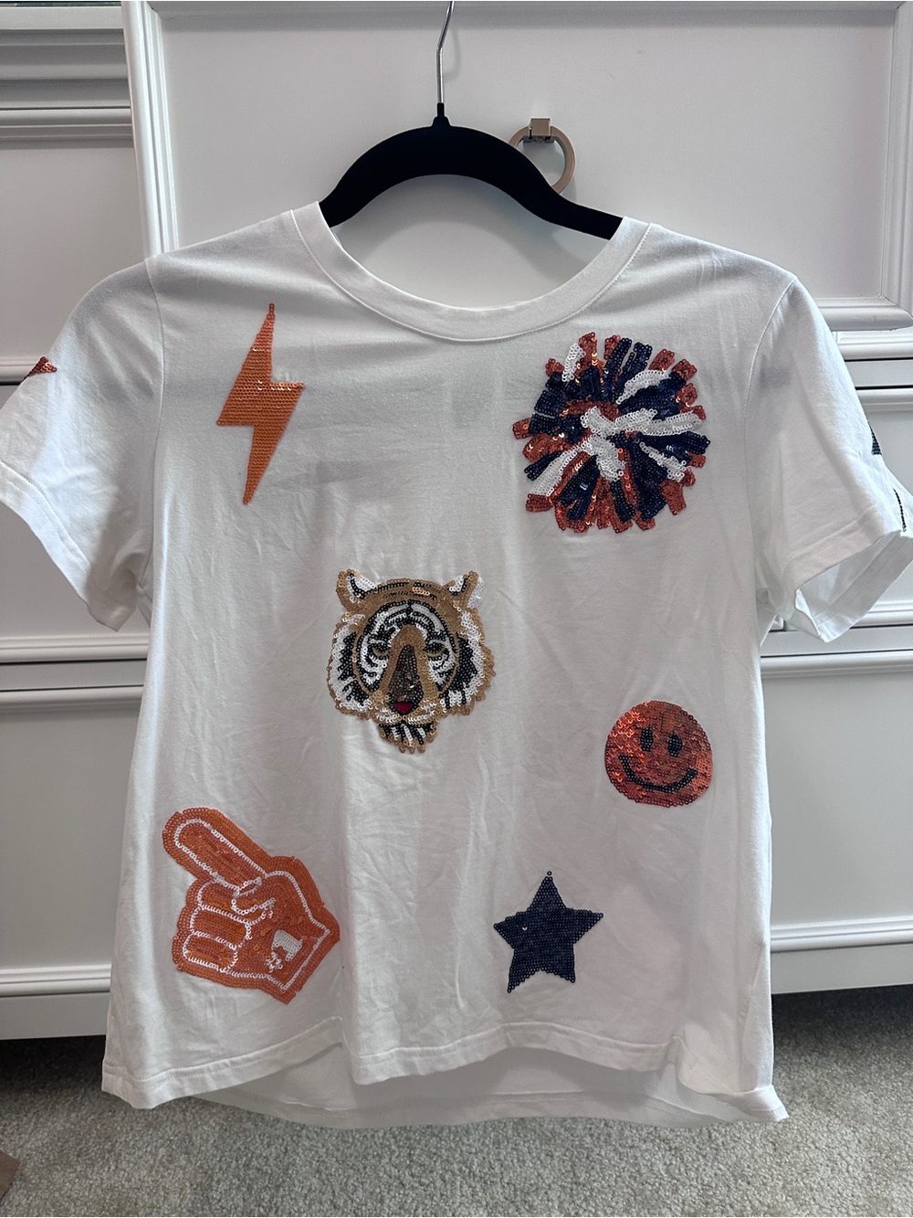 QUEEN OF SPARKLES White Short Sleeve Tee with Sequin Tiger & PomPoms